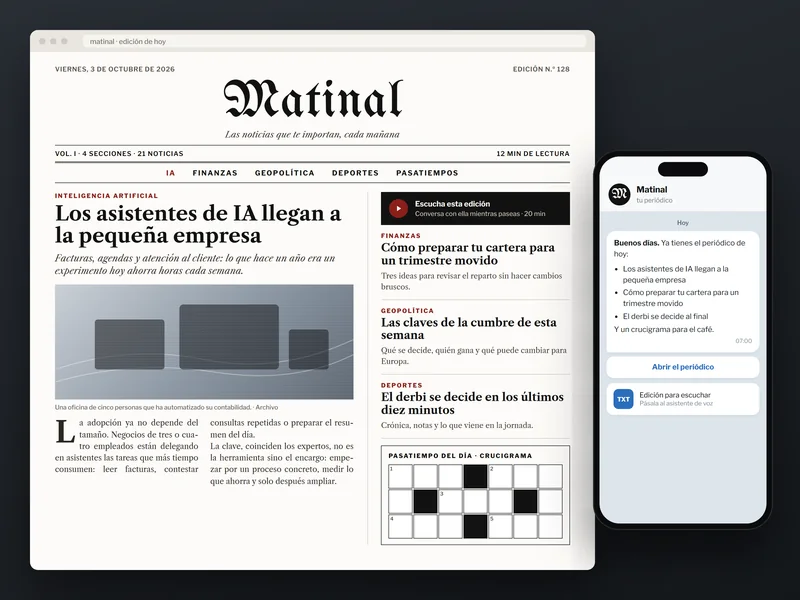 Recreación de Matinal: la portada del periódico del día y el aviso de las siete en el móvil.